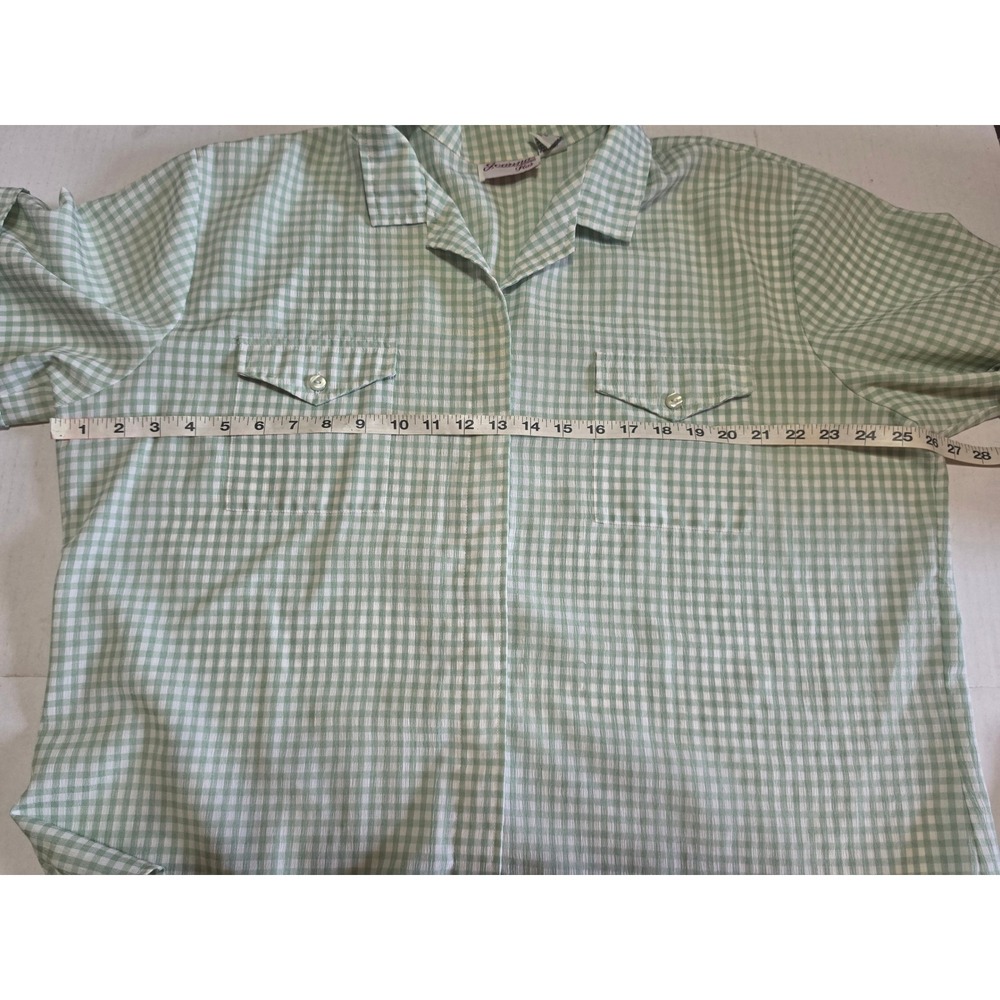 Joanna Plus Womens 2X Gingham Button Up Shirt Sage Green White Short Sleeve Top
